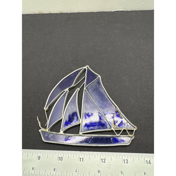 Stained Blue Glass Sailboat Suncatcher With Crack - Picture 3 of 5